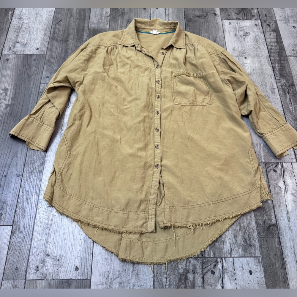Anthropologie Pilcro Khaki Brown Long Sleeve Button Front Tunic Small Oversized